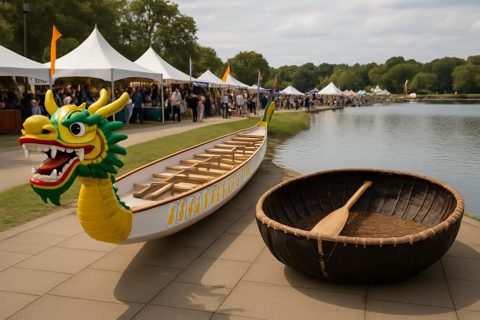 The image features a dragon head sectional view of some type of holiday celebration or lakeside festival themed. It includ...